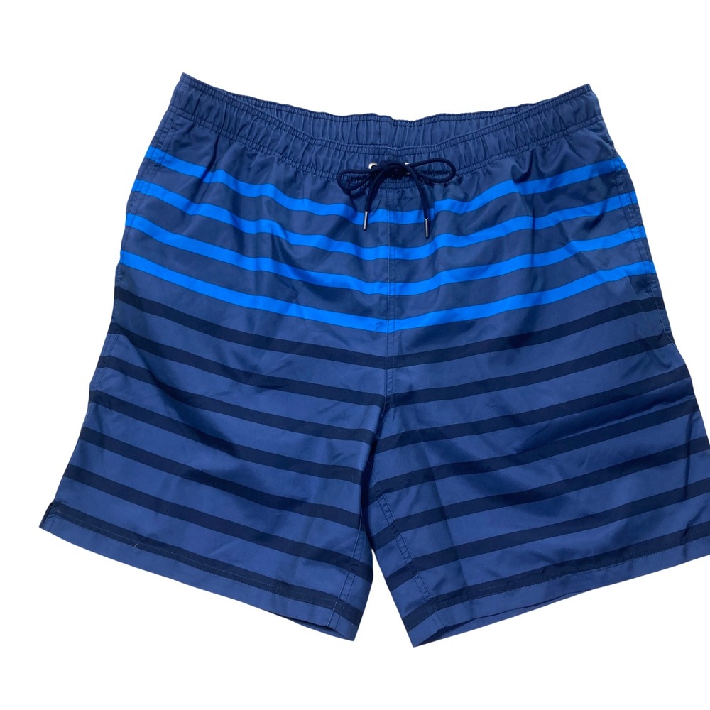 Lands End Mens XL Blue Striped Swim Trunks Elastic Waist Mesh Lined Board Shorts